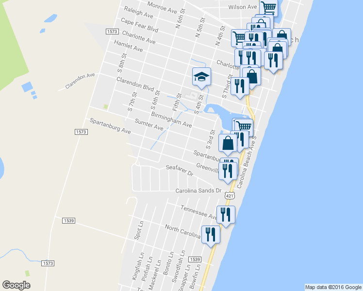 map of restaurants, bars, coffee shops, grocery stores, and more near 402 Spartanburg Ave in Carolina Beach