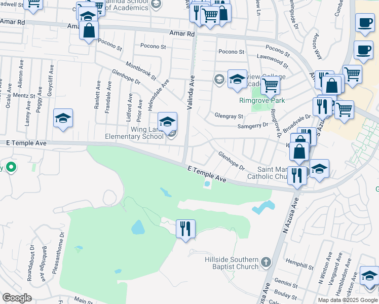 map of restaurants, bars, coffee shops, grocery stores, and more near 427 Baskin Avenue in La Puente