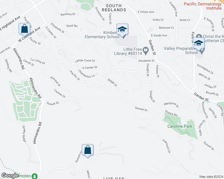 map of restaurants, bars, coffee shops, grocery stores, and more near 1478 Pacific Street in Redlands