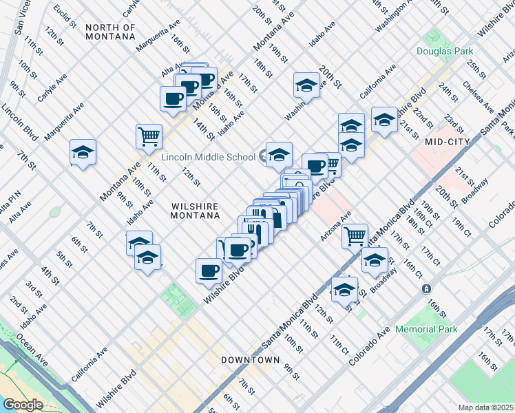 map of restaurants, bars, coffee shops, grocery stores, and more near 1308 California Avenue in Santa Monica