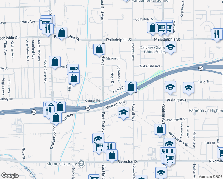 map of restaurants, bars, coffee shops, grocery stores, and more near 3720 Kern Road in Chino