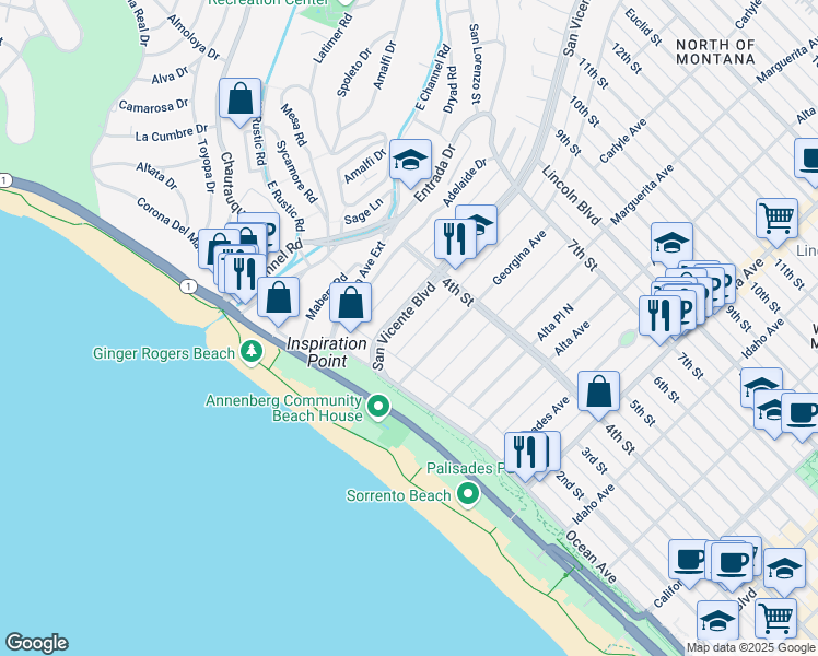 map of restaurants, bars, coffee shops, grocery stores, and more near 202 San Vicente Boulevard in Santa Monica