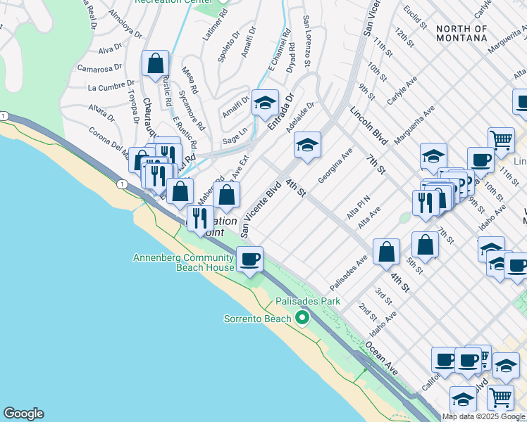 map of restaurants, bars, coffee shops, grocery stores, and more near 202 San Vicente Boulevard in Santa Monica