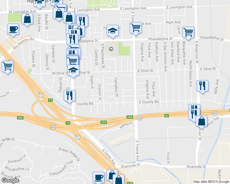 map of restaurants, bars, coffee shops, grocery stores, and more near 650 Ralph Court in Pomona