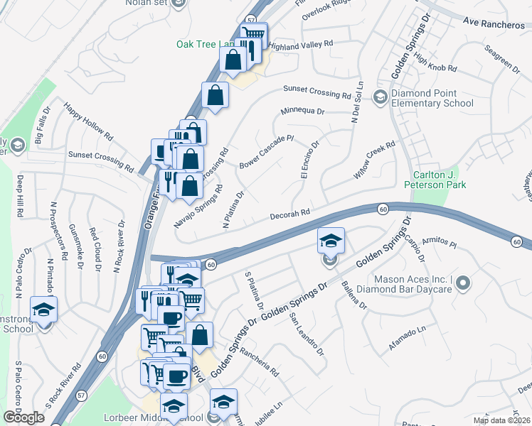 map of restaurants, bars, coffee shops, grocery stores, and more near 23817 Decorah Road in Diamond Bar