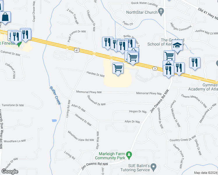 map of restaurants, bars, coffee shops, grocery stores, and more near 3728 Memorial Parkway Northwest in Kennesaw