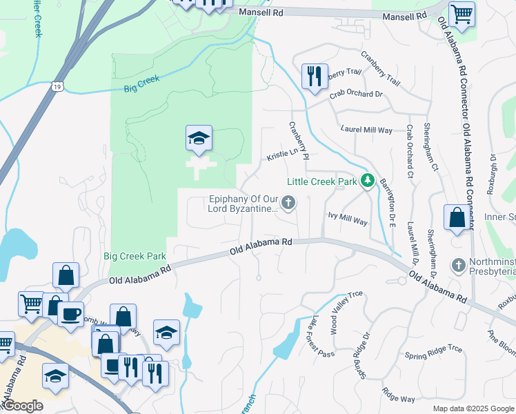 map of restaurants, bars, coffee shops, grocery stores, and more near 10160 Wooten Road in Roswell