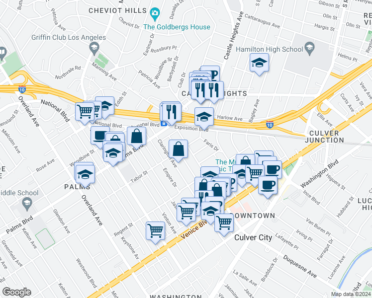 map of restaurants, bars, coffee shops, grocery stores, and more near 3601 Hughes Avenue in Los Angeles