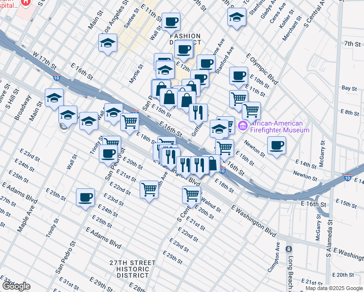 map of restaurants, bars, coffee shops, grocery stores, and more near 1601 East 17th Street in Los Angeles