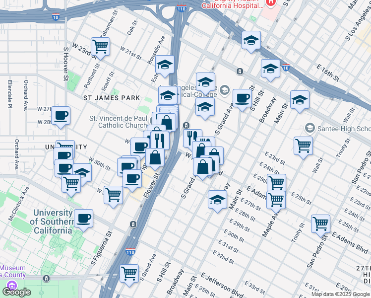 map of restaurants, bars, coffee shops, grocery stores, and more near 403w West Adams Boulevard in Los Angeles