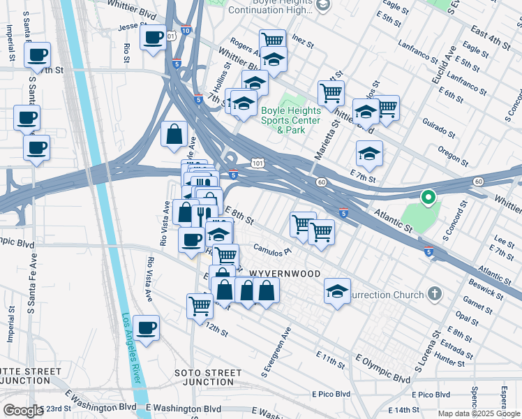 map of restaurants, bars, coffee shops, grocery stores, and more near 1152 South Mott Street in Los Angeles