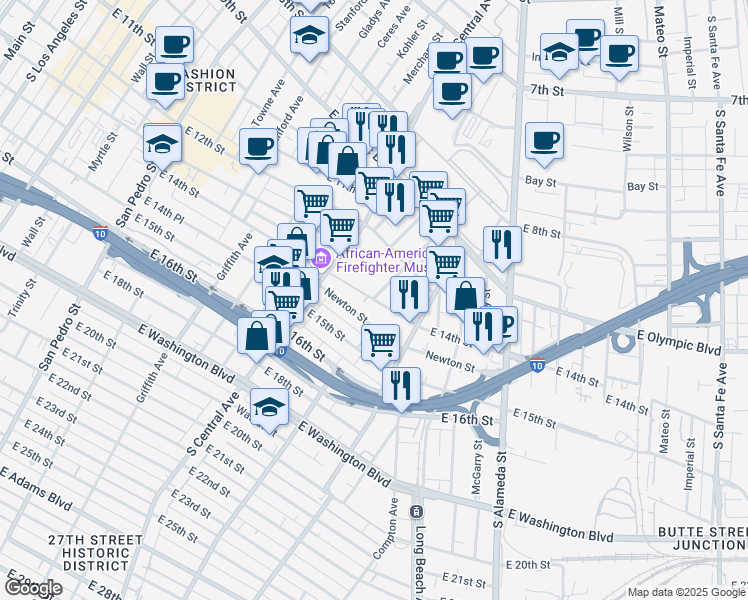 map of restaurants, bars, coffee shops, grocery stores, and more near 1500 East 14th Street in Los Angeles