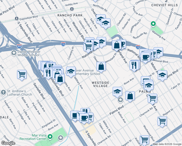 map of restaurants, bars, coffee shops, grocery stores, and more near 3144 Kelton Avenue in Los Angeles