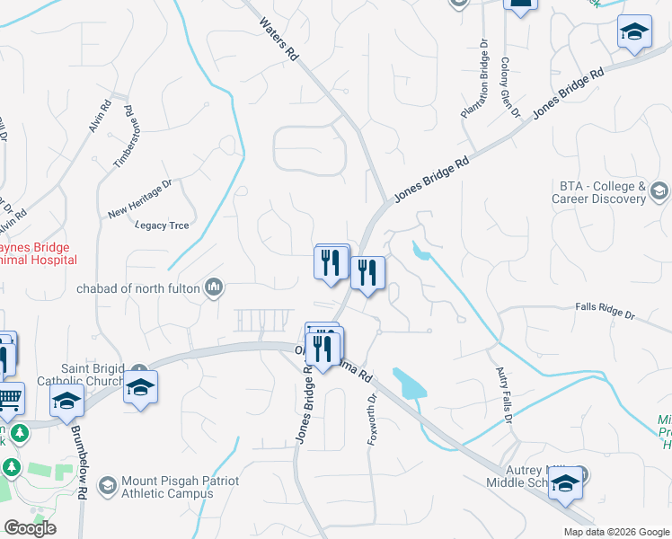 map of restaurants, bars, coffee shops, grocery stores, and more near 10090 Jones Bridge Road in Alpharetta
