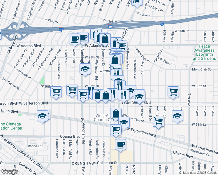 map of restaurants, bars, coffee shops, grocery stores, and more near 3001 South Victoria Avenue in Los Angeles