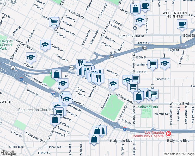 map of restaurants, bars, coffee shops, grocery stores, and more near 811 Spence Street in Los Angeles