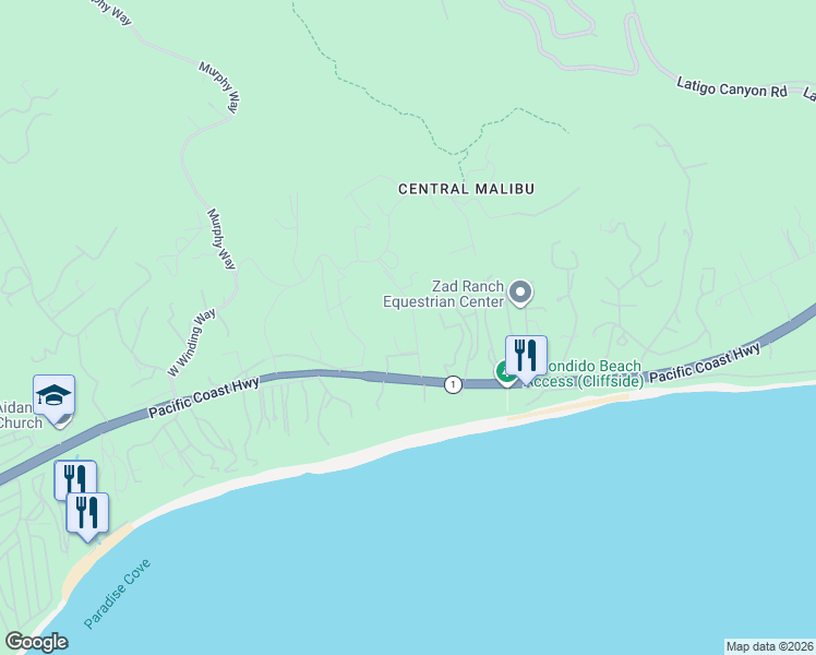 map of restaurants, bars, coffee shops, grocery stores, and more near 27545 Pacific Coast Highway in Malibu