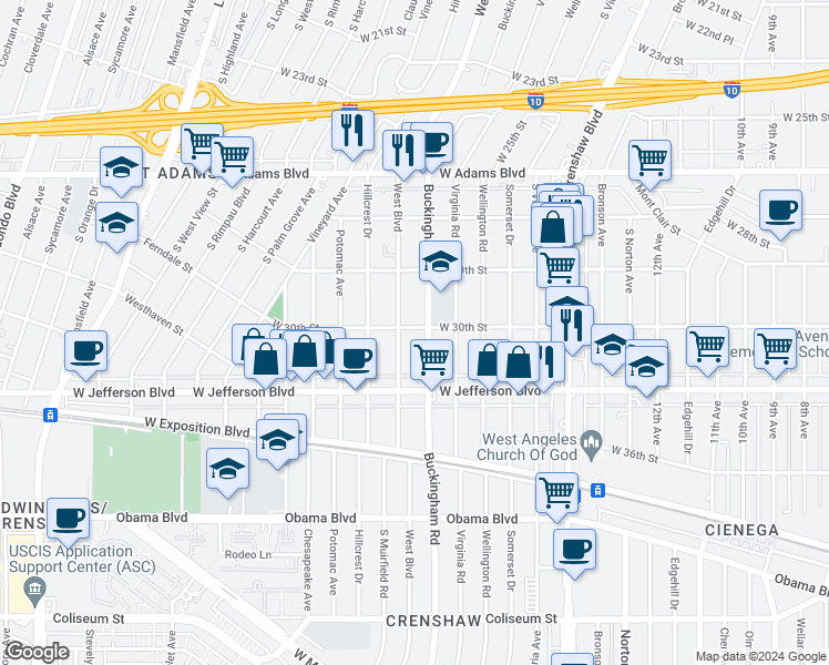 map of restaurants, bars, coffee shops, grocery stores, and more near 4316 West 30th Street in Los Angeles