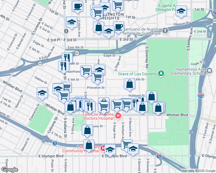 map of restaurants, bars, coffee shops, grocery stores, and more near 632 South Eastman Avenue in Los Angeles