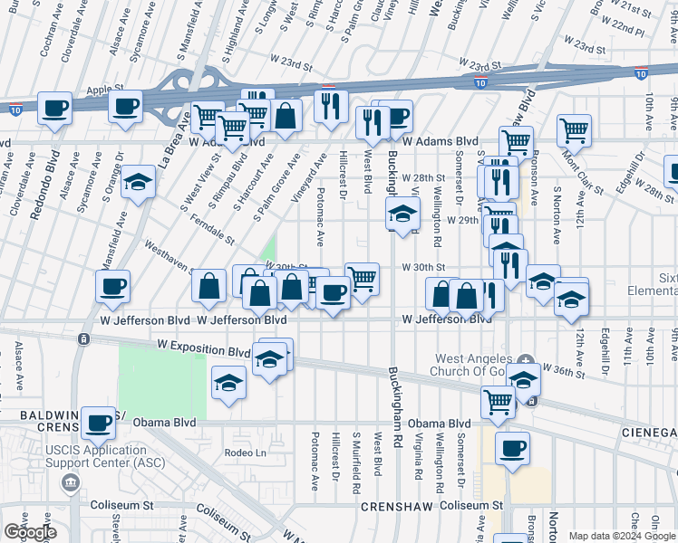 map of restaurants, bars, coffee shops, grocery stores, and more near 3003 East Hillcrest Drive in Westlake Village