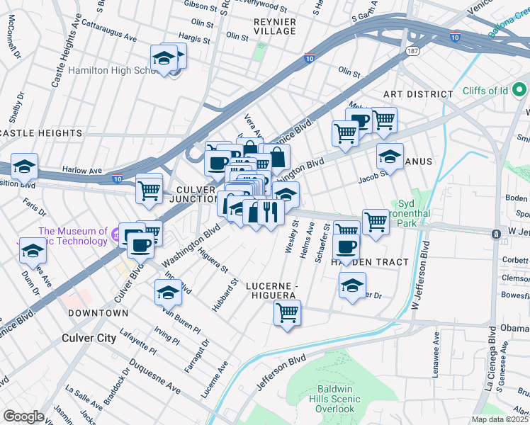 map of restaurants, bars, coffee shops, grocery stores, and more near 8804 National Boulevard in Culver City