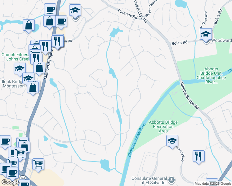map of restaurants, bars, coffee shops, grocery stores, and more near 1100 Vintage Club Drive in Duluth