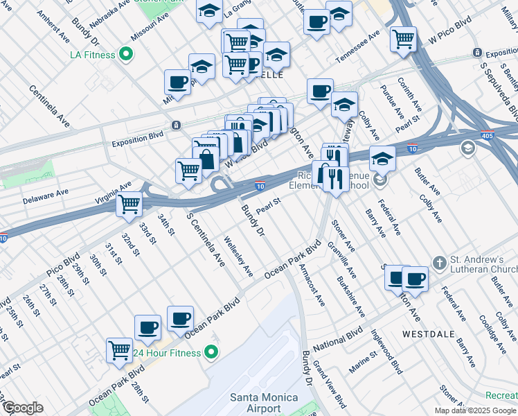 map of restaurants, bars, coffee shops, grocery stores, and more near 2497 Armacost Avenue in Los Angeles