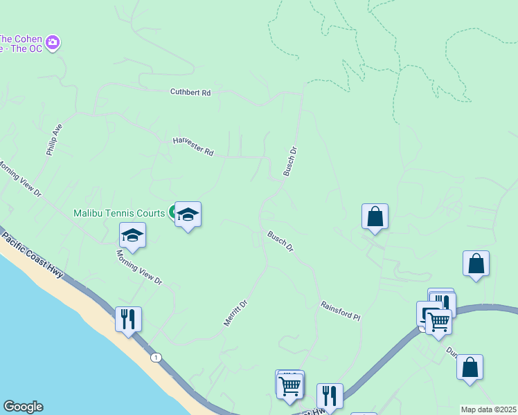 map of restaurants, bars, coffee shops, grocery stores, and more near 5911 Busch Drive in Malibu