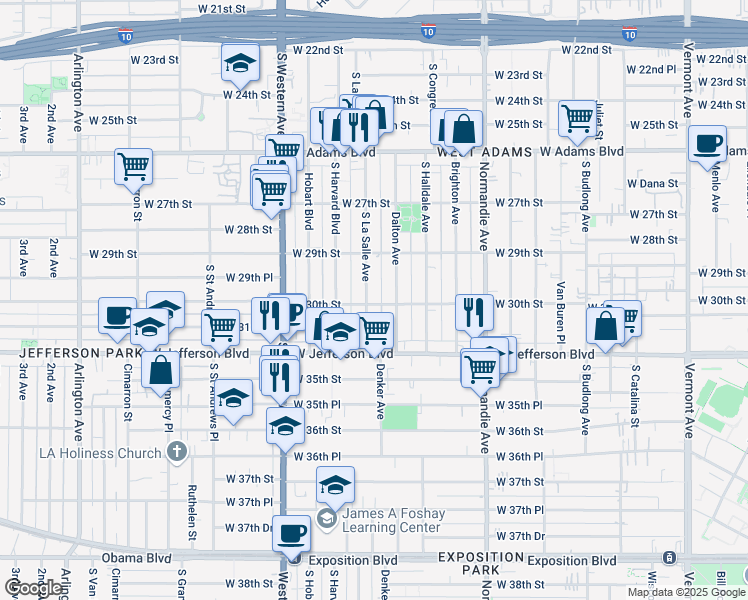 map of restaurants, bars, coffee shops, grocery stores, and more near 2956 South La Salle Avenue in Los Angeles