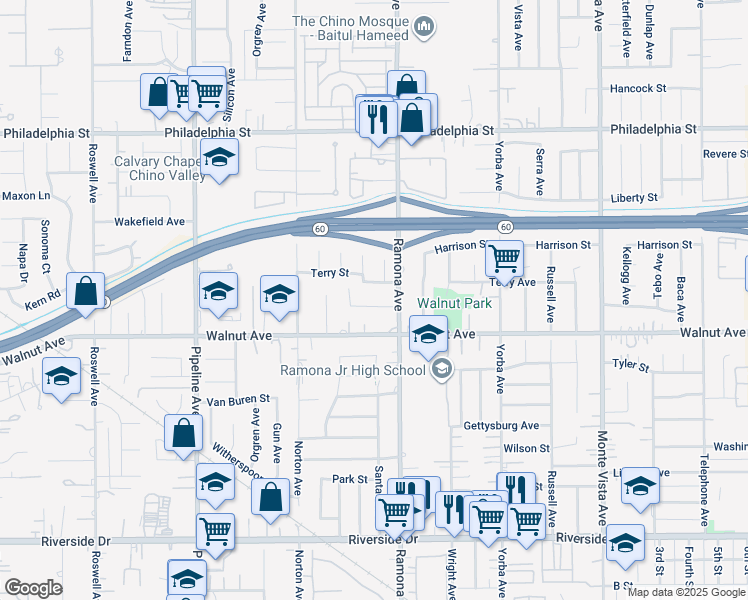 map of restaurants, bars, coffee shops, grocery stores, and more near 4450 Victoria Street in Chino
