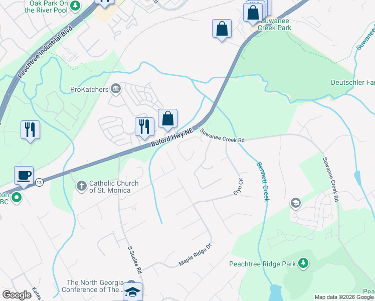 map of restaurants, bars, coffee shops, grocery stores, and more near 1543 Chelsea Falls Lane in Suwanee
