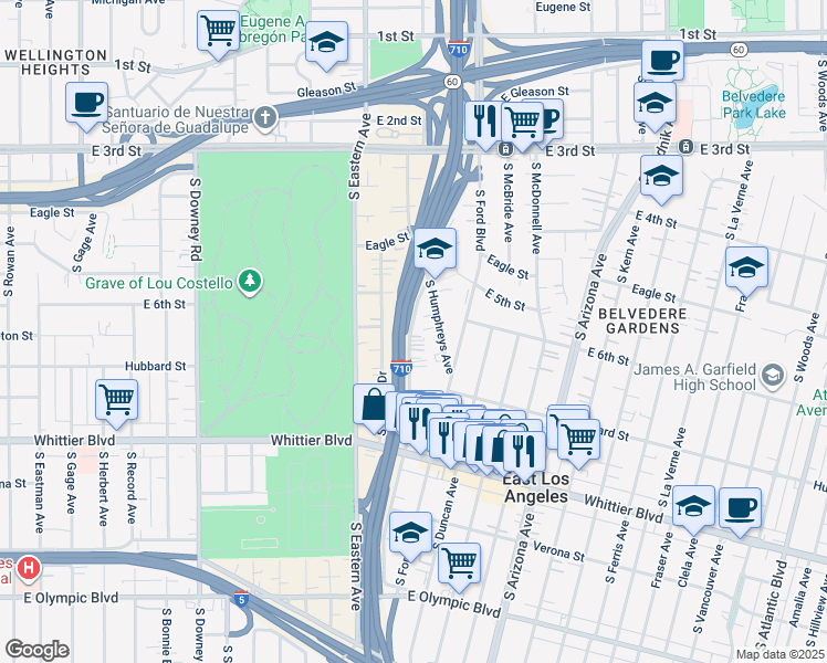 map of restaurants, bars, coffee shops, grocery stores, and more near 604 South Burger Avenue in East Los Angeles