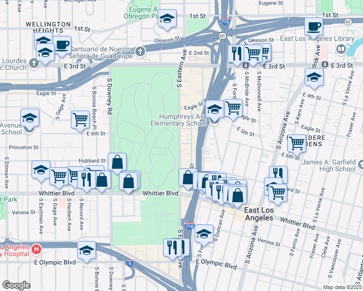 map of restaurants, bars, coffee shops, grocery stores, and more near 602 South Eastern Avenue in East Los Angeles
