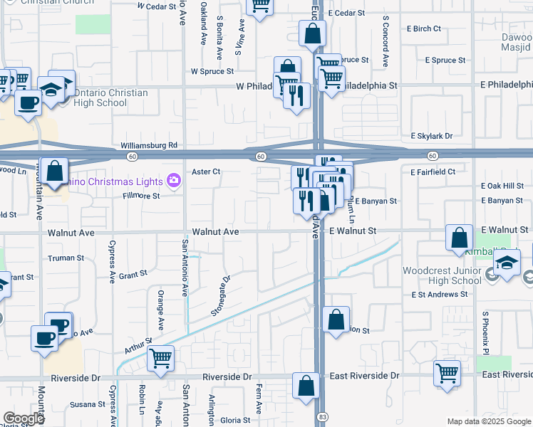 map of restaurants, bars, coffee shops, grocery stores, and more near 320 West Walnut Street in Ontario