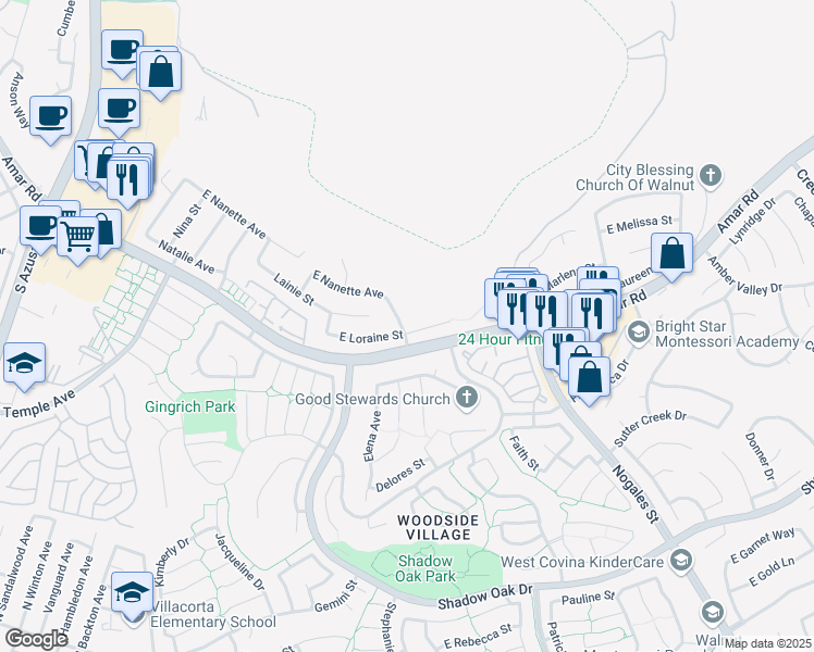 map of restaurants, bars, coffee shops, grocery stores, and more near 2101 East Loraine Street in West Covina