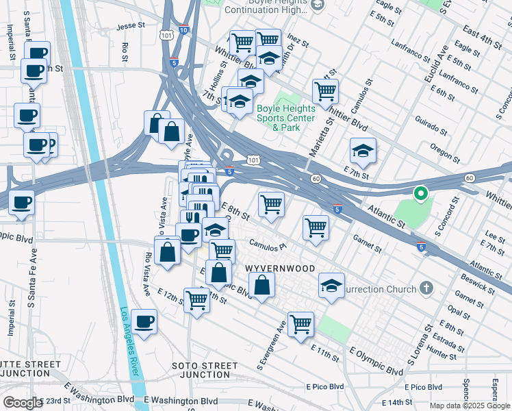 map of restaurants, bars, coffee shops, grocery stores, and more near 1152 South Mott Street in Los Angeles