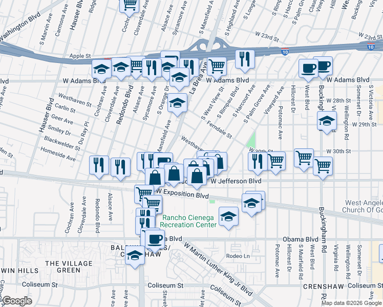 map of restaurants, bars, coffee shops, grocery stores, and more near 2918 South West View Street in Los Angeles