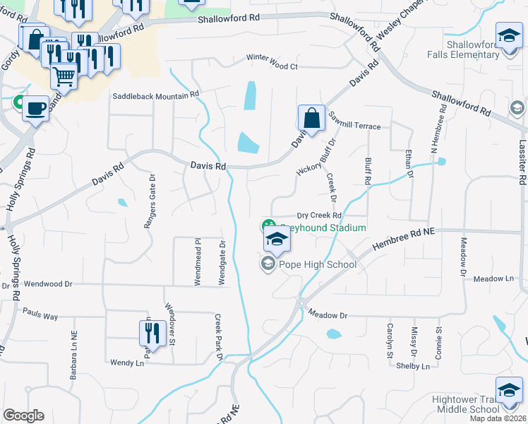 map of restaurants, bars, coffee shops, grocery stores, and more near 3391 Dry Creek Road in Marietta