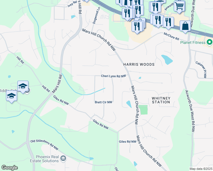 map of restaurants, bars, coffee shops, grocery stores, and more near 2994 Cathy Ann Court in Acworth