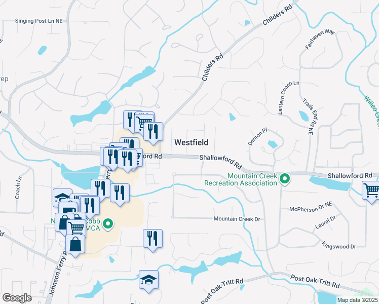 map of restaurants, bars, coffee shops, grocery stores, and more near 3170 Westfield Walk Northeast in Roswell