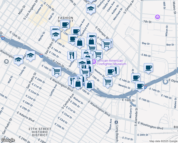 map of restaurants, bars, coffee shops, grocery stores, and more near 1503 South Central Avenue in Los Angeles