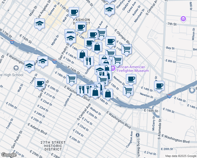 map of restaurants, bars, coffee shops, grocery stores, and more near 1525 Essex Street in Los Angeles