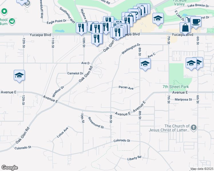 map of restaurants, bars, coffee shops, grocery stores, and more near 33467 Washington Drive in Yucaipa