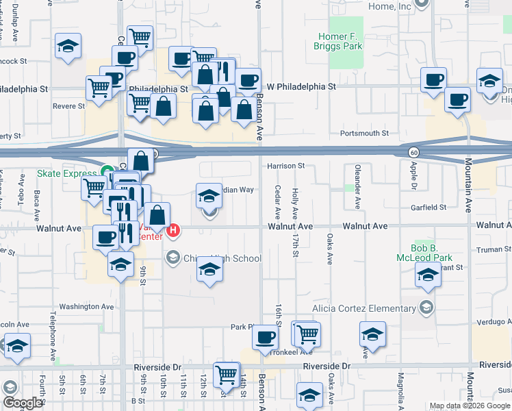 map of restaurants, bars, coffee shops, grocery stores, and more near 12438 Benson Ave in Chino