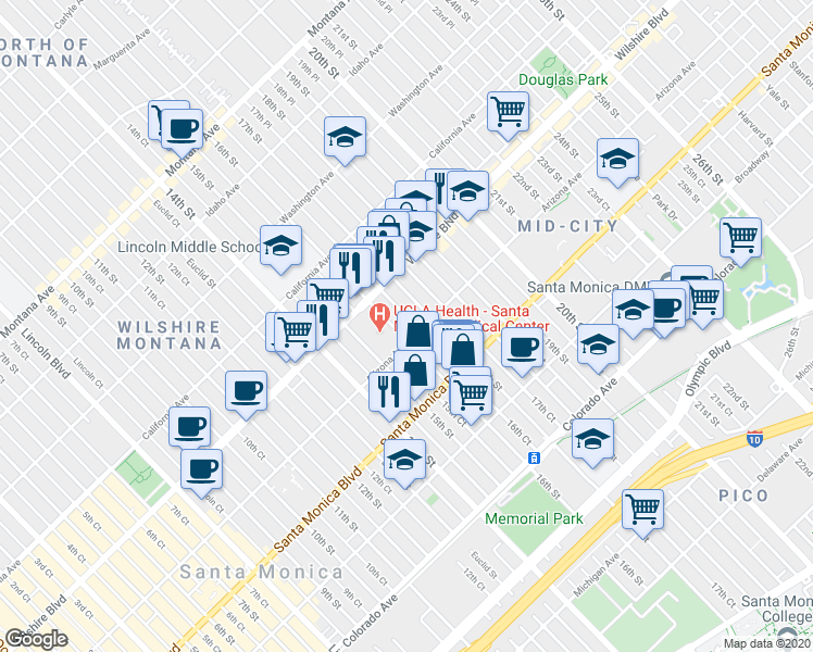 map of restaurants, bars, coffee shops, grocery stores, and more near 1623 Arizona Avenue in Santa Monica
