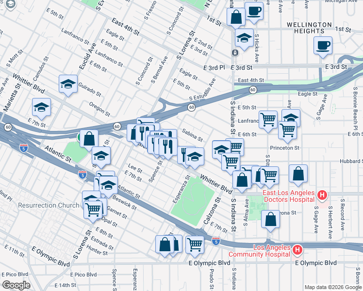 map of restaurants, bars, coffee shops, grocery stores, and more near 3529 Percy Street in Los Angeles
