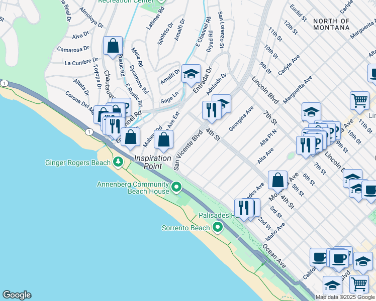 map of restaurants, bars, coffee shops, grocery stores, and more near 202 San Vicente Boulevard in Santa Monica