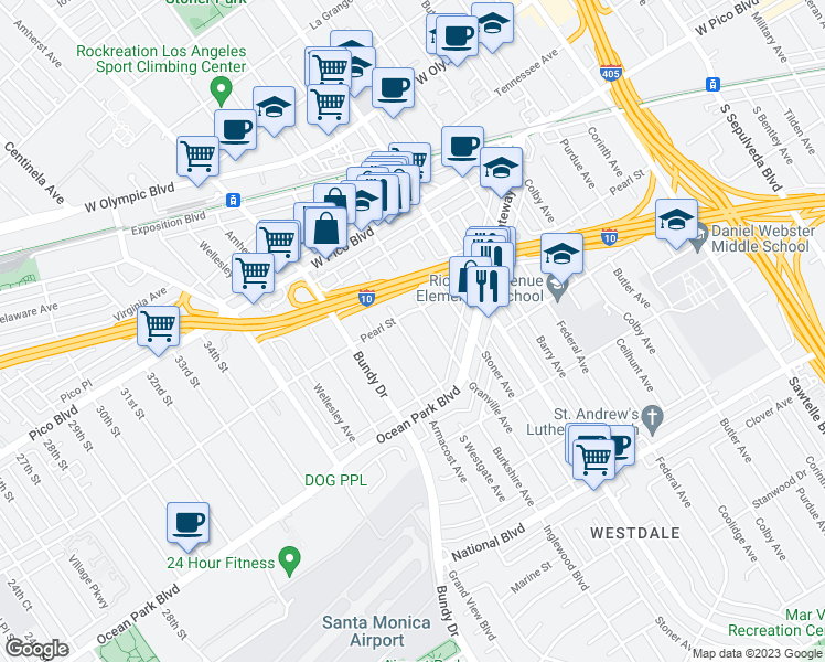 map of restaurants, bars, coffee shops, grocery stores, and more near 2522 South Westgate Avenue in Los Angeles