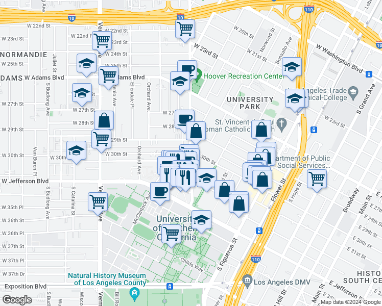 map of restaurants, bars, coffee shops, grocery stores, and more near 999 West 30th Street in Los Angeles