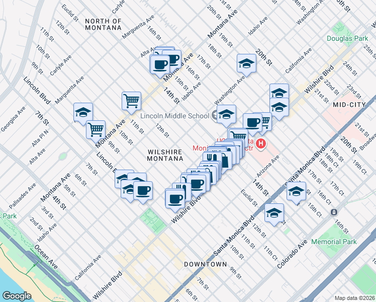 map of restaurants, bars, coffee shops, grocery stores, and more near 1033 12th Street in Santa Monica